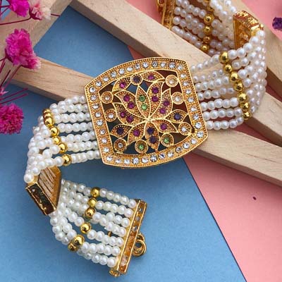 Auspicious peace of pearl kundan Bracelet Rakhi for bhabhi, sister