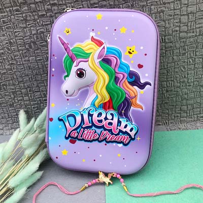 Unicorn Rakhi with unicorn ziomatric pencil box for kids