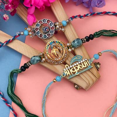 Blissful Ganesha, krishna, morpankh 3 Rakhiz combo