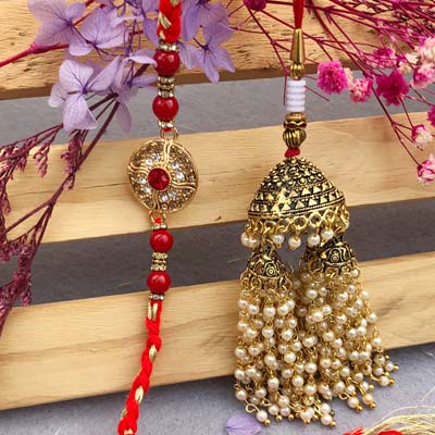 Auspicious brass thread and Lumba Rakhi combo for bhaiya and bhabhi