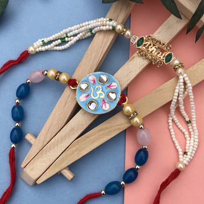 Flower design Perl and bhai logo bracelet Rakhi combo