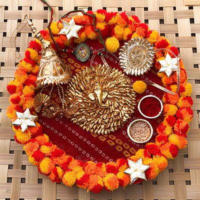 precious PomPom puja thali with Bhaiya bhabhi N kids krishna Rakhi combo