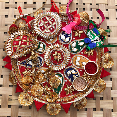 Auspicious Gota patti bhaiya bhabhi Rakhi N cartoon kids Rakhi combo with Puja thali