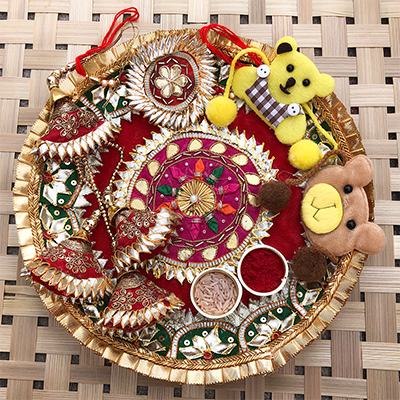 Designer bhaiya bhabhi N kids Rakhi with Puja Thali combo