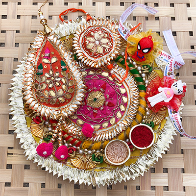 Gota patti puja thali with Bhaiya bhabhi N kids Rakhi combo