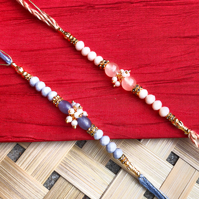 Traditional yellow, peach beads, pearl dora Rakhi Combo