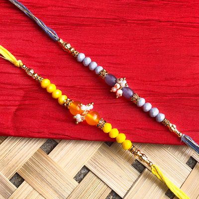 Wow look Yellow, Grey beads pearl Bhaiya bhabhi Rakhi combo