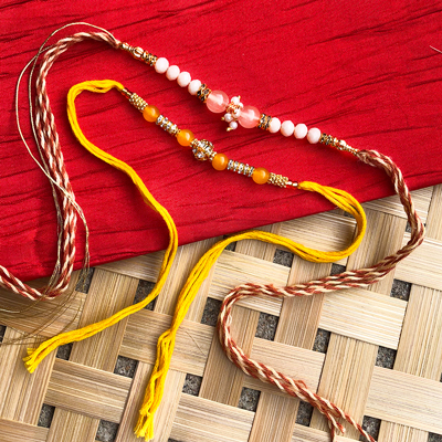 Auspicious yellow& peach beads pearls Bhaiya bhabhi Rakhi combo