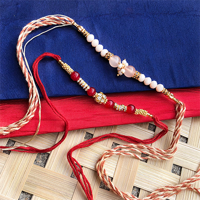 Precious Red & peach beads,pearl Bhaiya bhabhi dora Rakhi