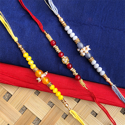 auspicious Attractive beads dora Rakhi set of 3 for brother 
