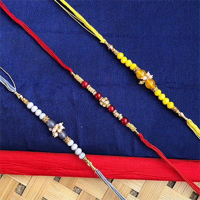 beautiful yellow, silver N grey beads Rakhi set for bhaiya