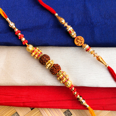 Blissful OM and Rudraksh dora Rakhi combo for bhaiya bhabhi