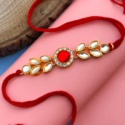 designer kundan leaf style Red base half bracelet Rakhi for brother