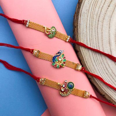 Authentic strip based peacock, Om design half bracelet Rakhi combo of 3