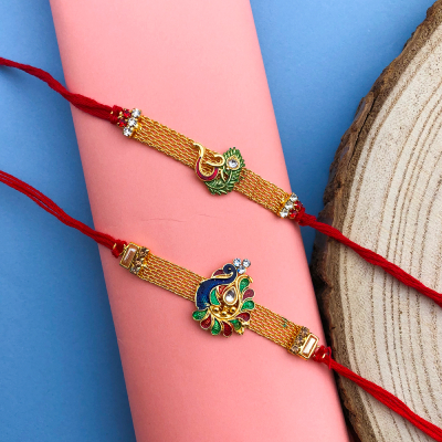 Awesome peacock and Om design half bracelet Rakhi set of 2