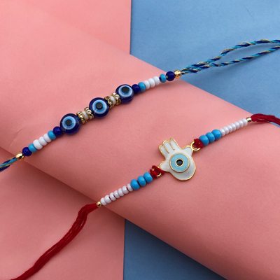 artificial evil eye and Hamsa Rakhi combo of 2