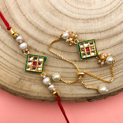 square shape kundan work bracelet and Dora Rakhi combo