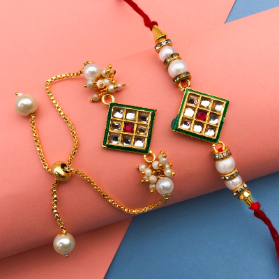 square shape kundan work bracelet and Dora Rakhi combo