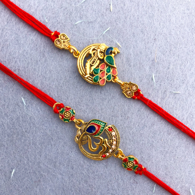 Fantastic design of Om and peacock Rakhi Combo of 2