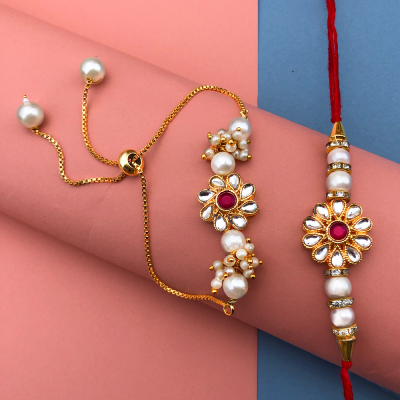 Kundan flower design bracelet and Dora Rakhi combo