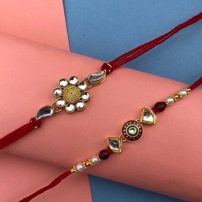 authentic pearl and kundan base style Dora Rakhi Combo of 2