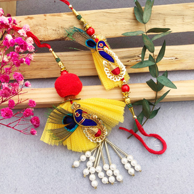 Majestic Yellow Peacock Bhaiya Bhabhi Rakhi Set