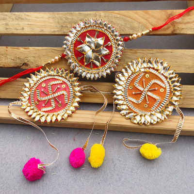 Auspicious Swastika and floral gota Patti 3 Rakhi Set