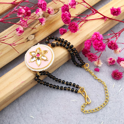Black Beads Floral Chain Bracelet Rakhi for Bhabhi/Sister