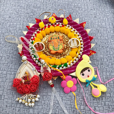 Lord Ganesha blessed puja Thali with bhaiya bhabhi n kids Rakhi combo