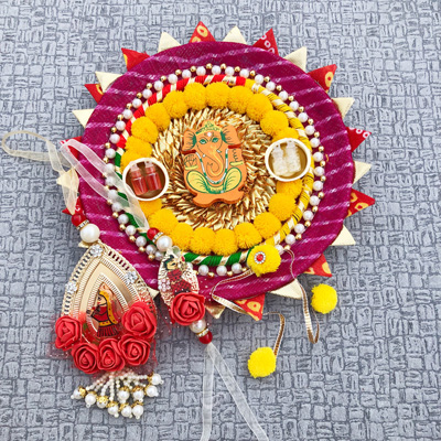 Authentic dulha Dulhan and pom pom Rakhi with puja thali combo for couples