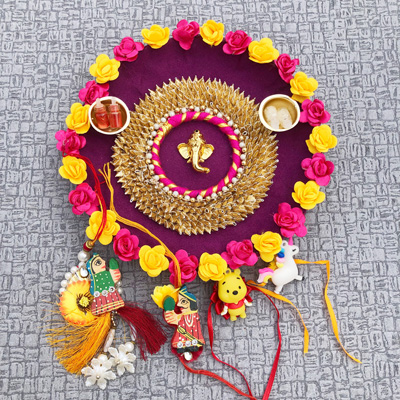 Kids Unicorn, Teddy N bhaiya bhabhi Rakhi and floral puja Thali combo