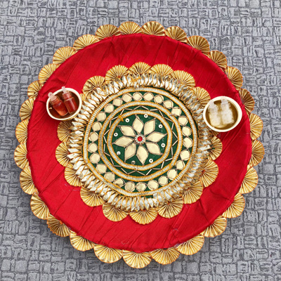 Traditional style gota Patti design puja Thali for Rakshabandhan, diwali, puja