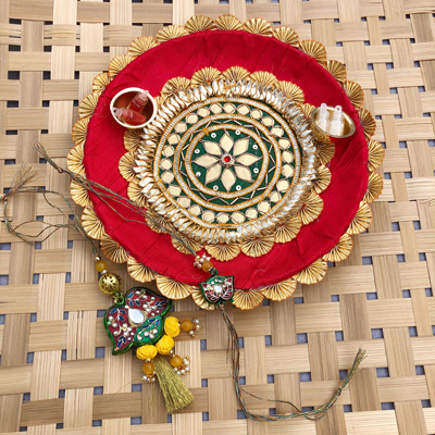 authentic gota Patti design puja thali with bhaiya bhabhi Rakhi combo