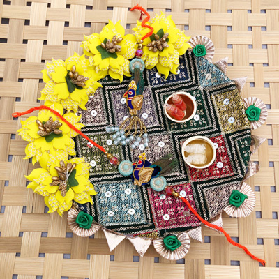 Peacock design bhaiya bhabhi Rakhi with puja thali combo