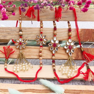 Kundan flower design two pair Rakhi for bhaiya and bhabhi