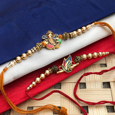 Pecock and lord ganesh bhaiya Rakhi set of 2  With Golden and red Thread