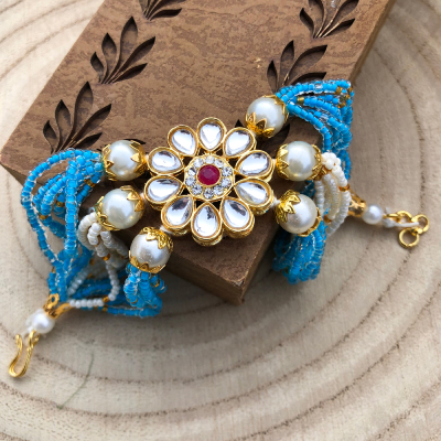 beautiful sky beaded kundan bracelet Rakhi for behan, bhabhi