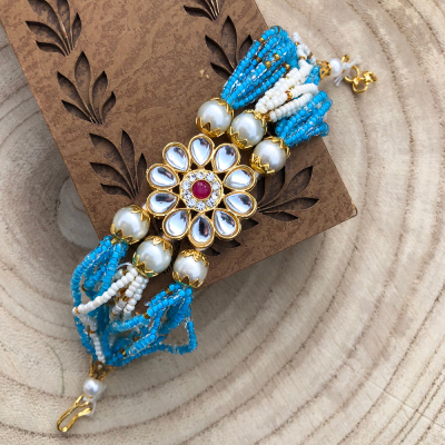 beautiful sky beaded kundan bracelet Rakhi for behan, bhabhi