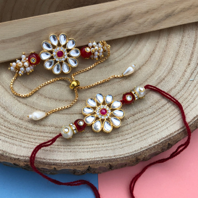 kundan flower style bracelet and Dora Rakhi combo
