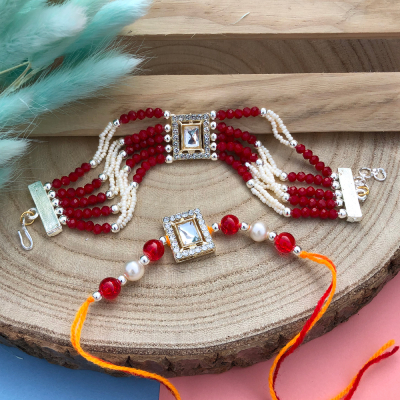 Red and white beads bracelet and Dora Rakhi combo