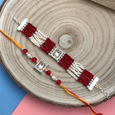Red and white beads bracelet and Dora Rakhi combo