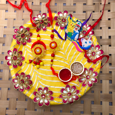 superb bhaiya bhabhi and kids Rakhi with puja thali combo