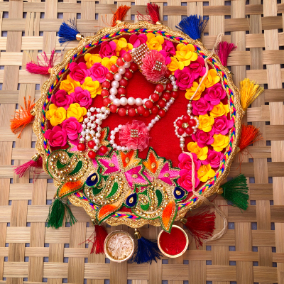 graceful flower design Puja thali with bhaiya bhabhi Rakhi combo
