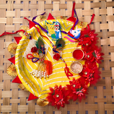 flower and gota design puja thali and bhaiya bhabhi kids Rakhi combo