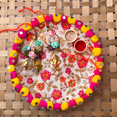 pom pom design puja thali and bhaiya bhabhi Rakhi combo