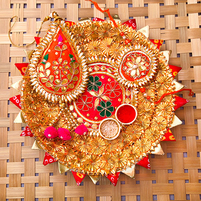 gota patti design puja thali and gota patti Rakhi combo for bhaiya bhabhi