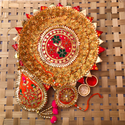 gota patti design puja thali and gota patti Rakhi combo for bhaiya bhabhi