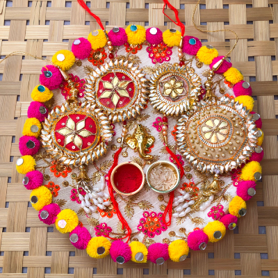 authentic combo of 2 pair bhaiya bhabhi Rakhi and puja thali