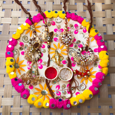 mirror work puja thali and bhaiya bhabhi 2 pair Rakhi combo