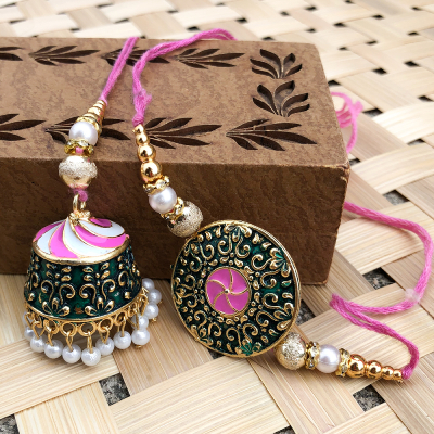 Traditional pink combo Rakhi Set for bhaiya bhabhi